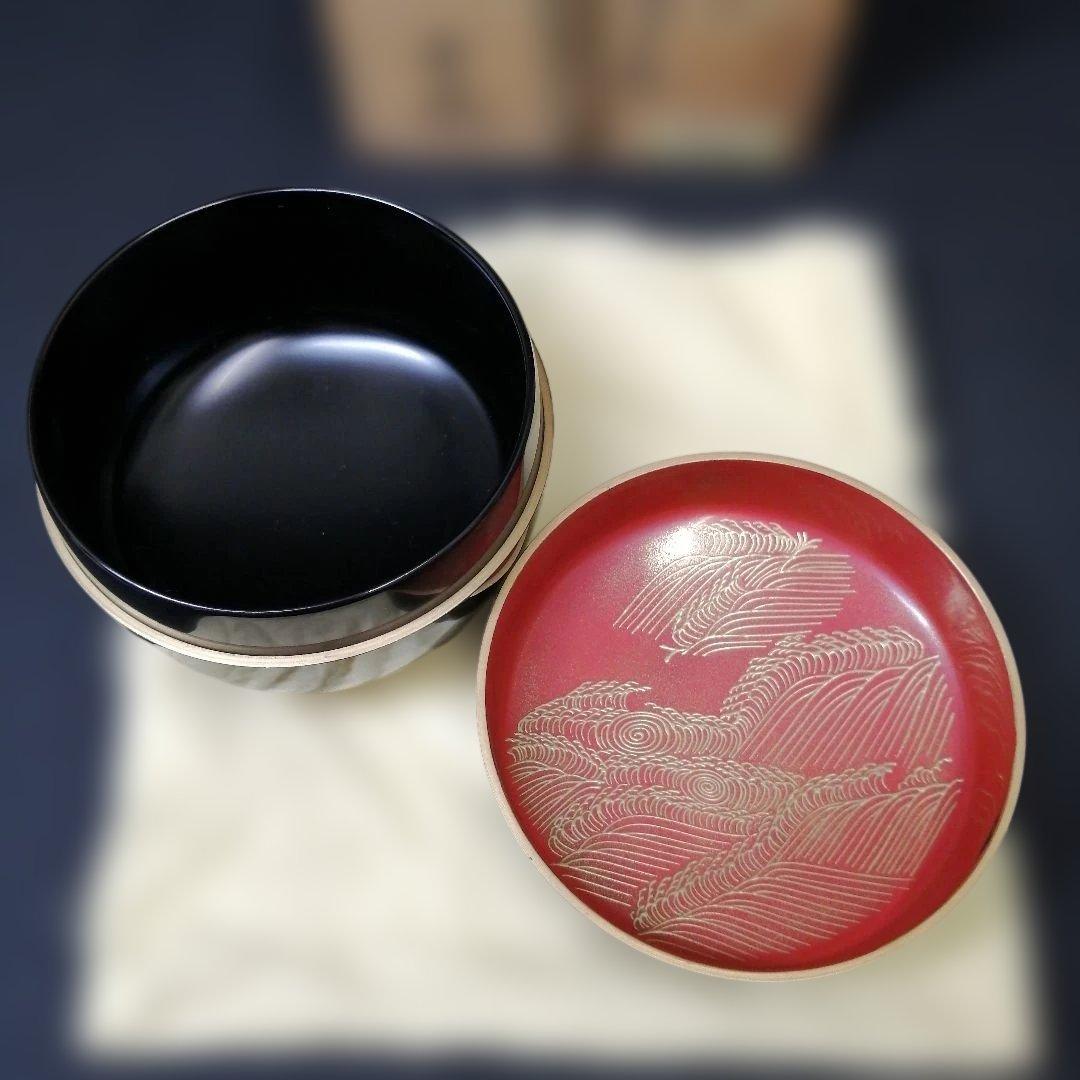 茶道具　黒平棗　日ノ出鶴蒔絵　前端春斎 作