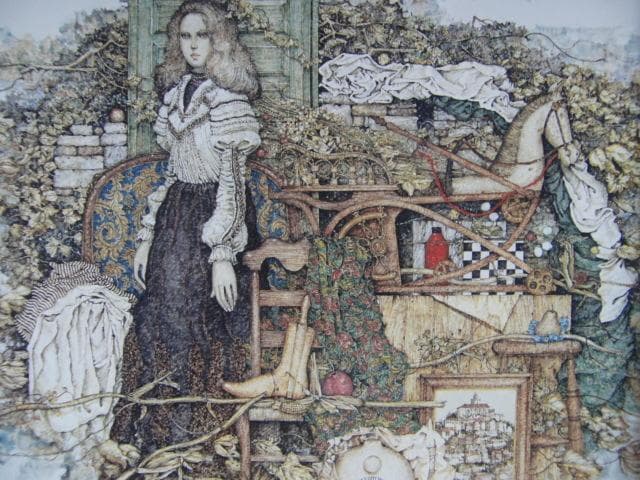 石阪春生、【青い扉と古い木馬〈女のいる風景〉】、希少な額装用画集より