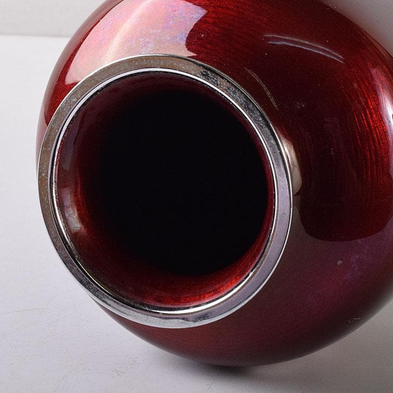 七宝焼　安藤七宝店造　赤透　薔薇文　花瓶　共箱　7891C