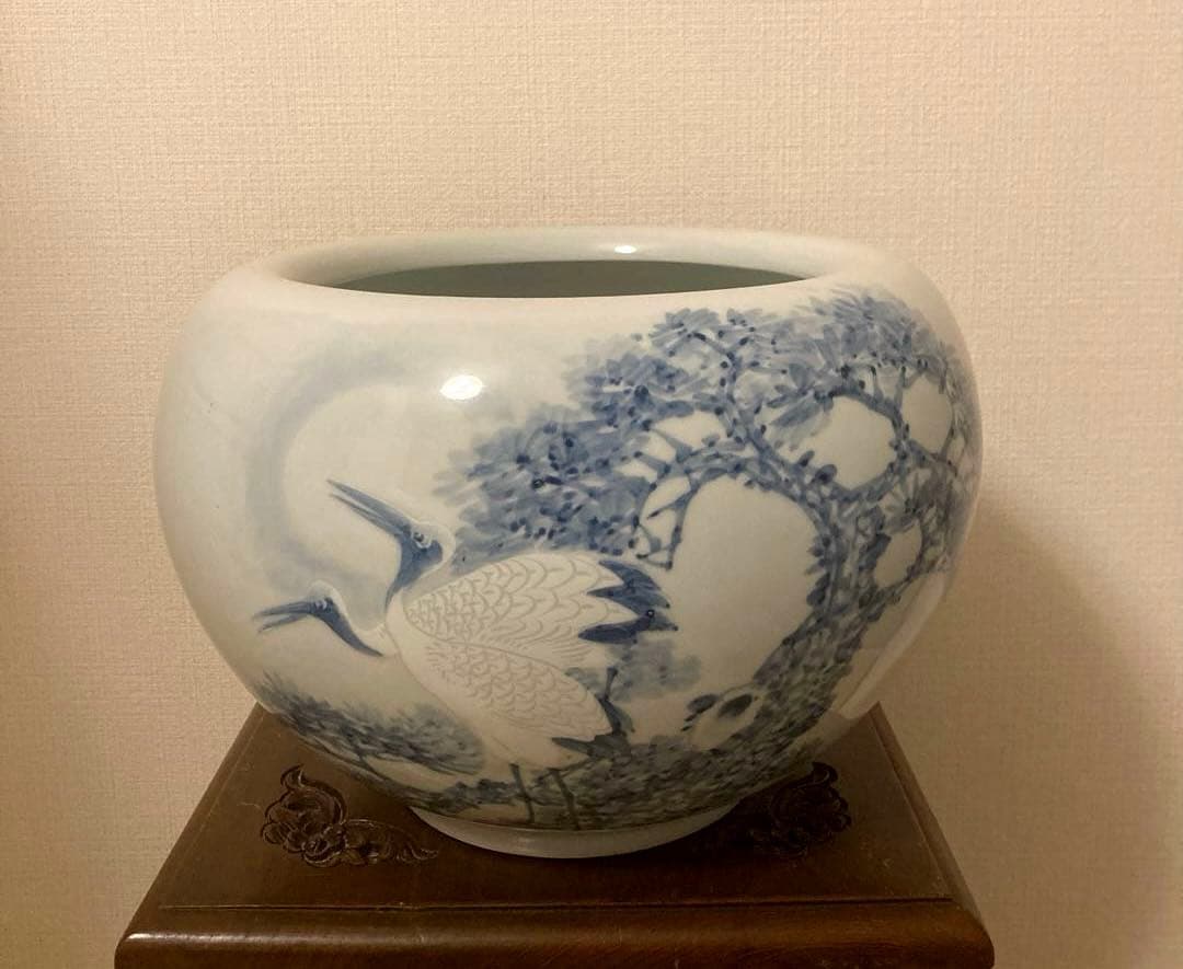 染付　火鉢　鶴　松