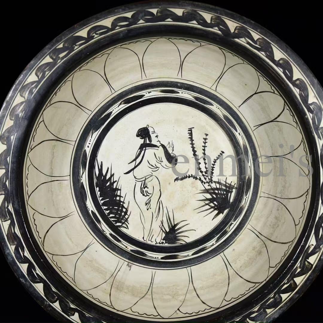 中国古美術・磁州窯風 人物紋 大型陶器鉢（折沿盆）・純手描き・陶器・茶道具・墨彩
