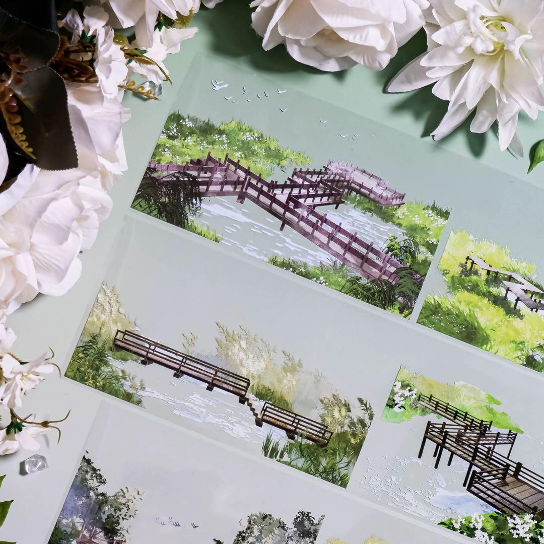 【8881】海外　マステ　5m巻　PETマスキングテープ　橋　池　春景色背景系