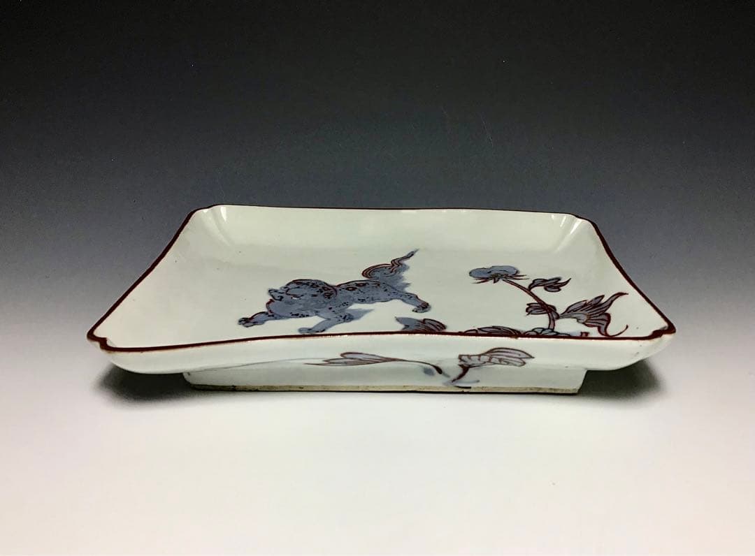 こ「古九谷」金銀彩唐獅子牡丹文角皿 (完品)