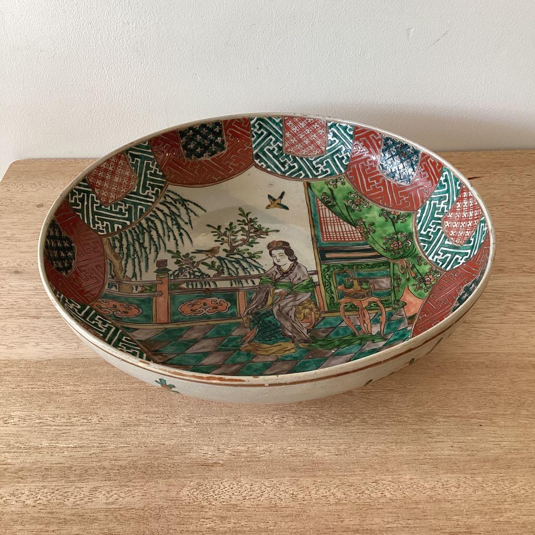 35㎝　貴婦人図　色絵大皿　飾り絵皿　時代物　当時物　有田焼　九谷焼　中国美術