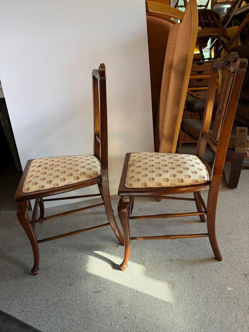 英国製 アンティーク ダイニングチェア 2脚 猫脚 透かし彫 クイーンアン様式