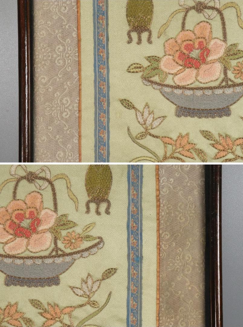 【珍】　★ 額装 博古花蝶図繍片 ★　民国時期　刺繍 博古紋 花蝶紋　民間織繍