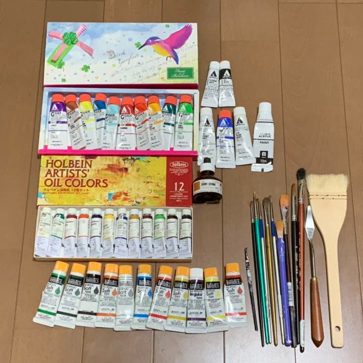 【購入前にコメント必須】ホルベイン油絵の具12色　アクリル絵の具26色　筆11本