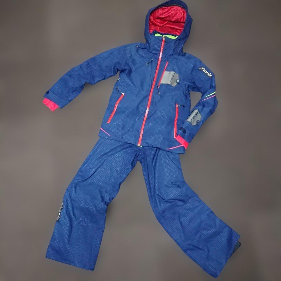 送料無料【Phenix】ネイビー格子柄スキーウェア上下セット 上S下M