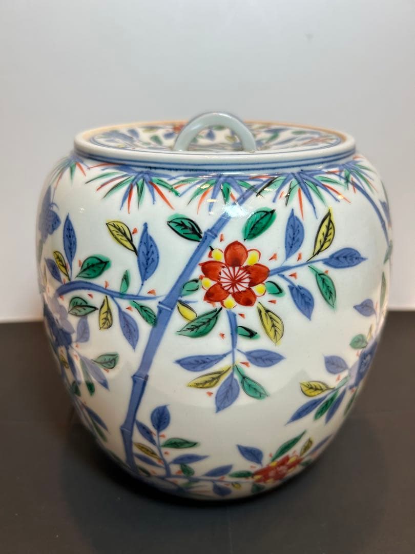 「　叶　松谷　」造　水指　吉葉色絵花鳥　共箱有り　茶道具　清水焼