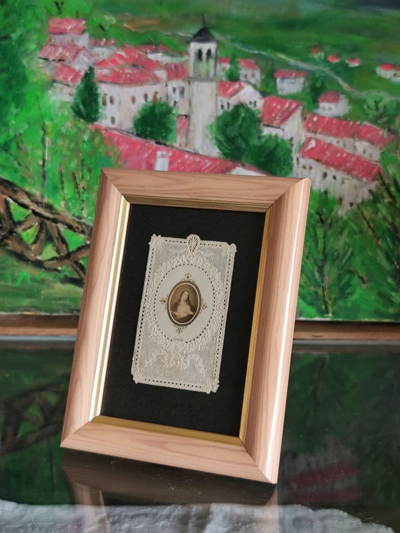 パリアンティーク キリストのレースカニヴェ フレーム額装 薔薇エンボス✟ セピア