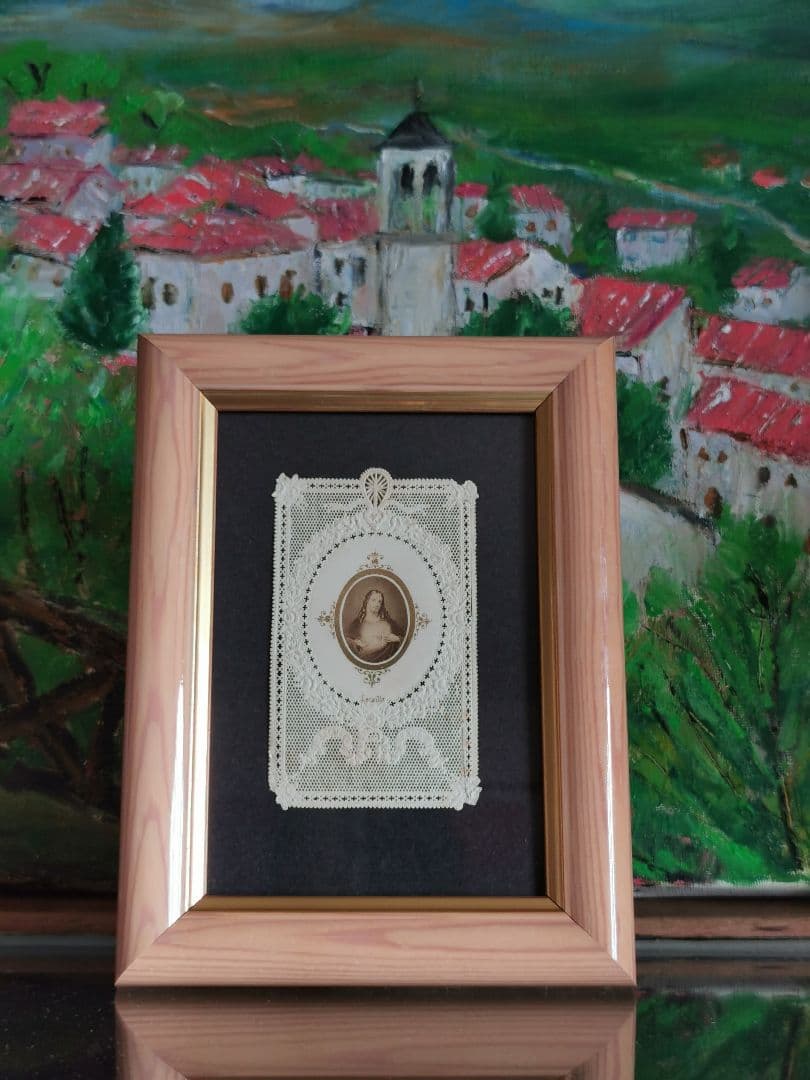 パリアンティーク キリストのレースカニヴェ フレーム額装 薔薇エンボス✟ セピア