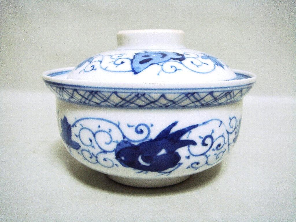 929『染付 鶏 蓋茶碗』　/骨董品 古美術 アンティーク 古玩