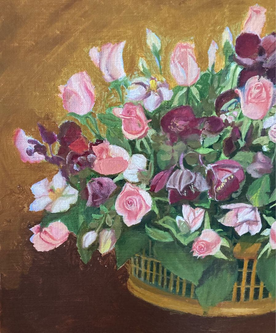 油彩画　「　バラの花籠　」　原画　F6