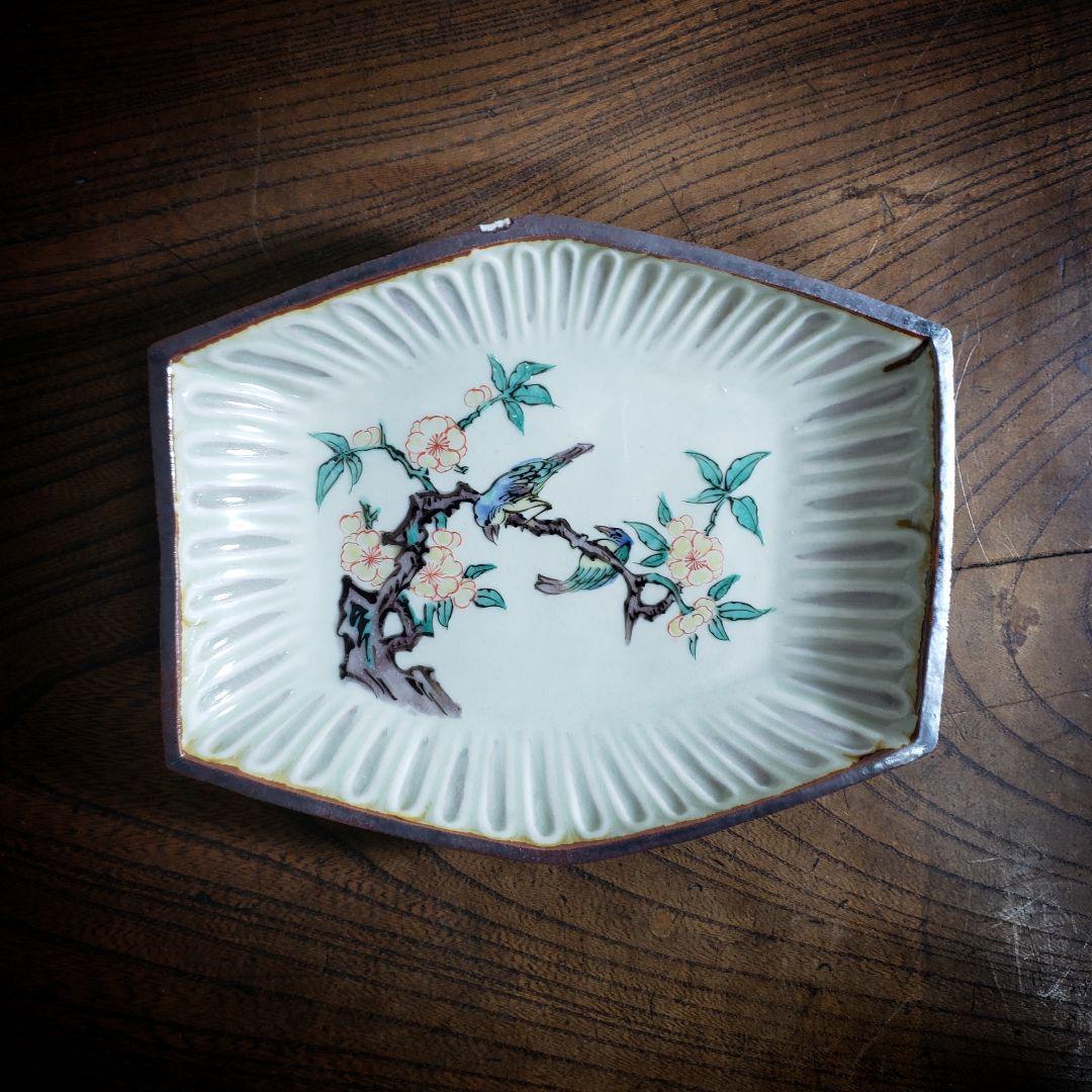 変形皿 角皿 舟形 古九谷 色絵付 鳥 梅 明治 大正 銘 角福 欠け ハ号