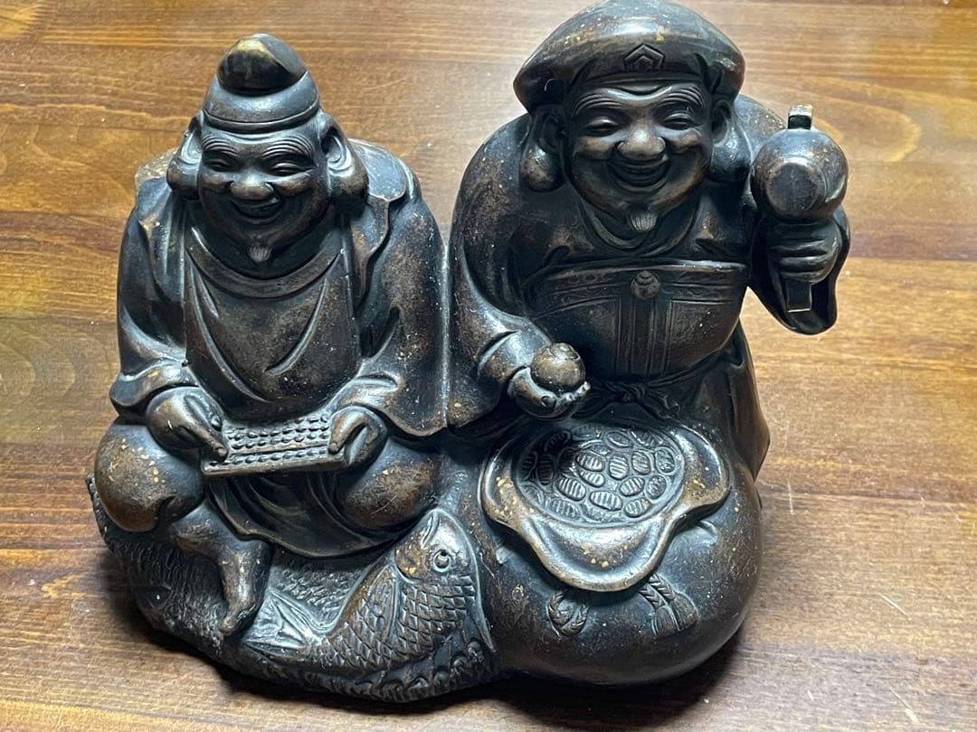 恵比寿大黒 七福神 置物 オブジェ 銘あり 約4kg 高さ18cm 幅23cm