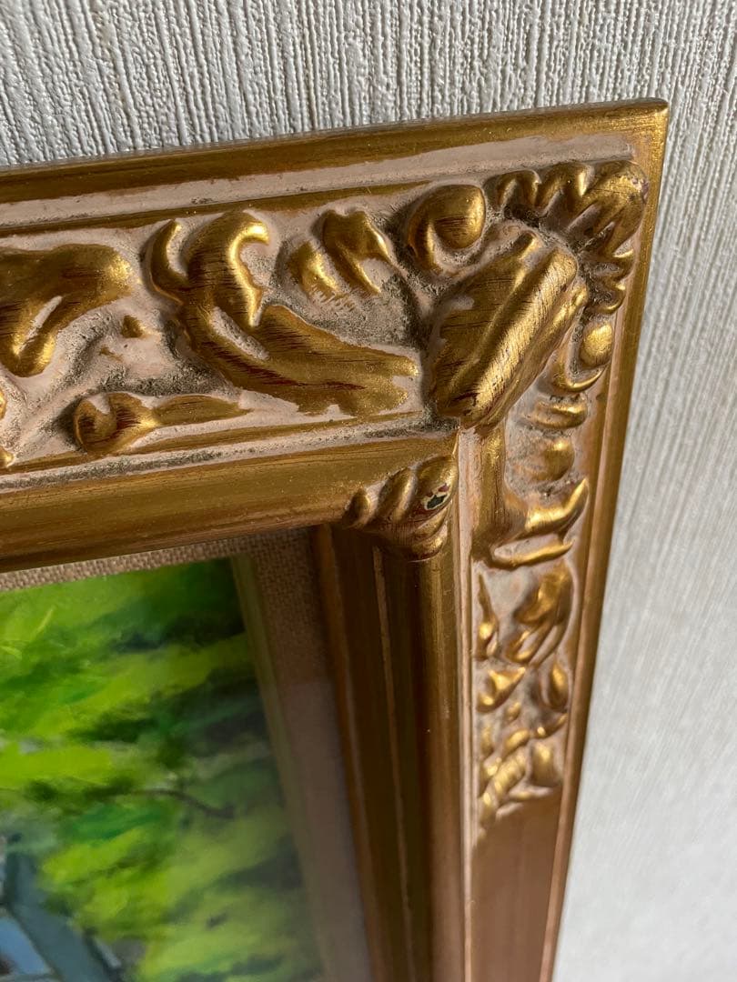 油彩画 街並みの風景 金色フレーム付き　F8