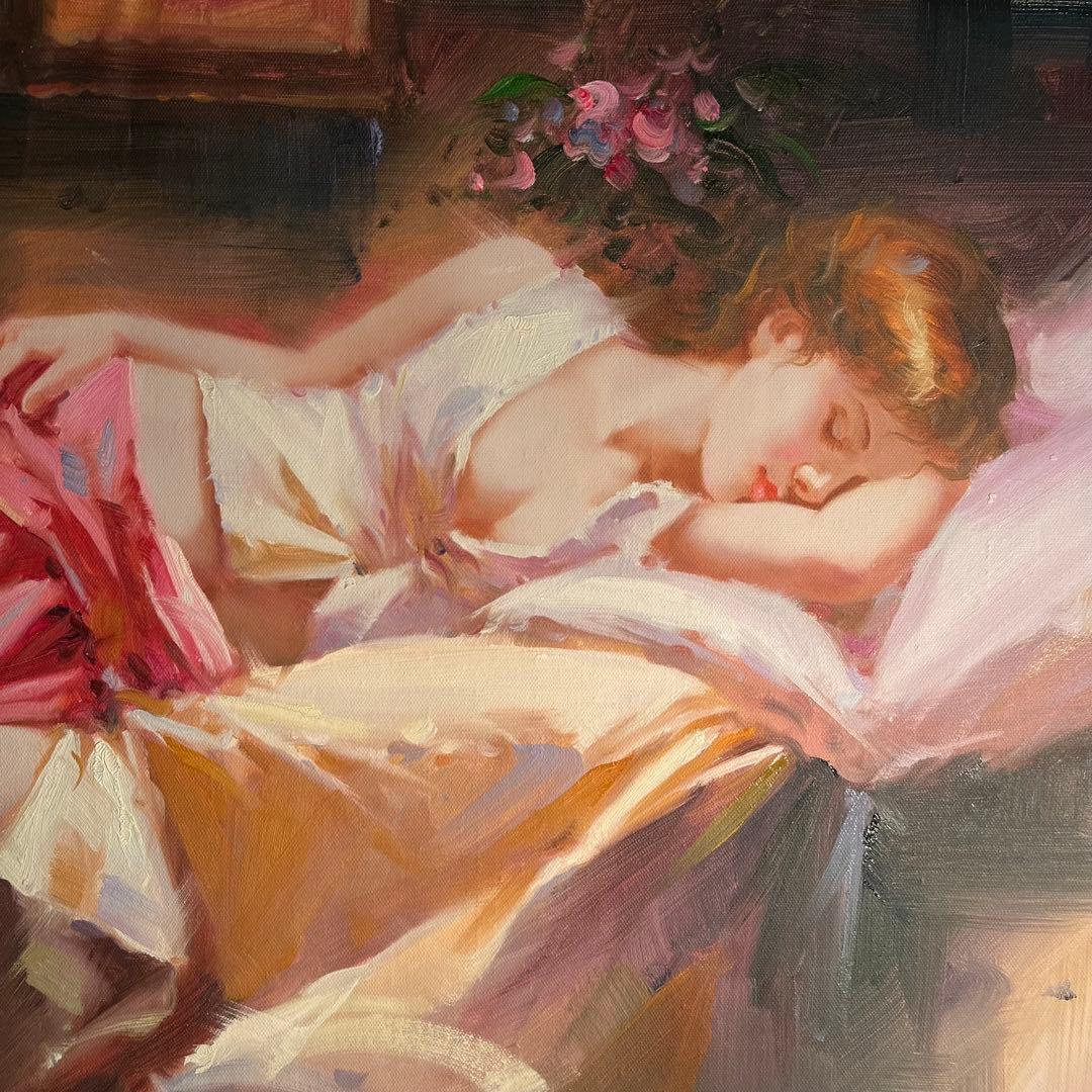 ★秀作★ 手書き油絵 美人画 眠りの中 肉筆絵画 インテリア 油彩画