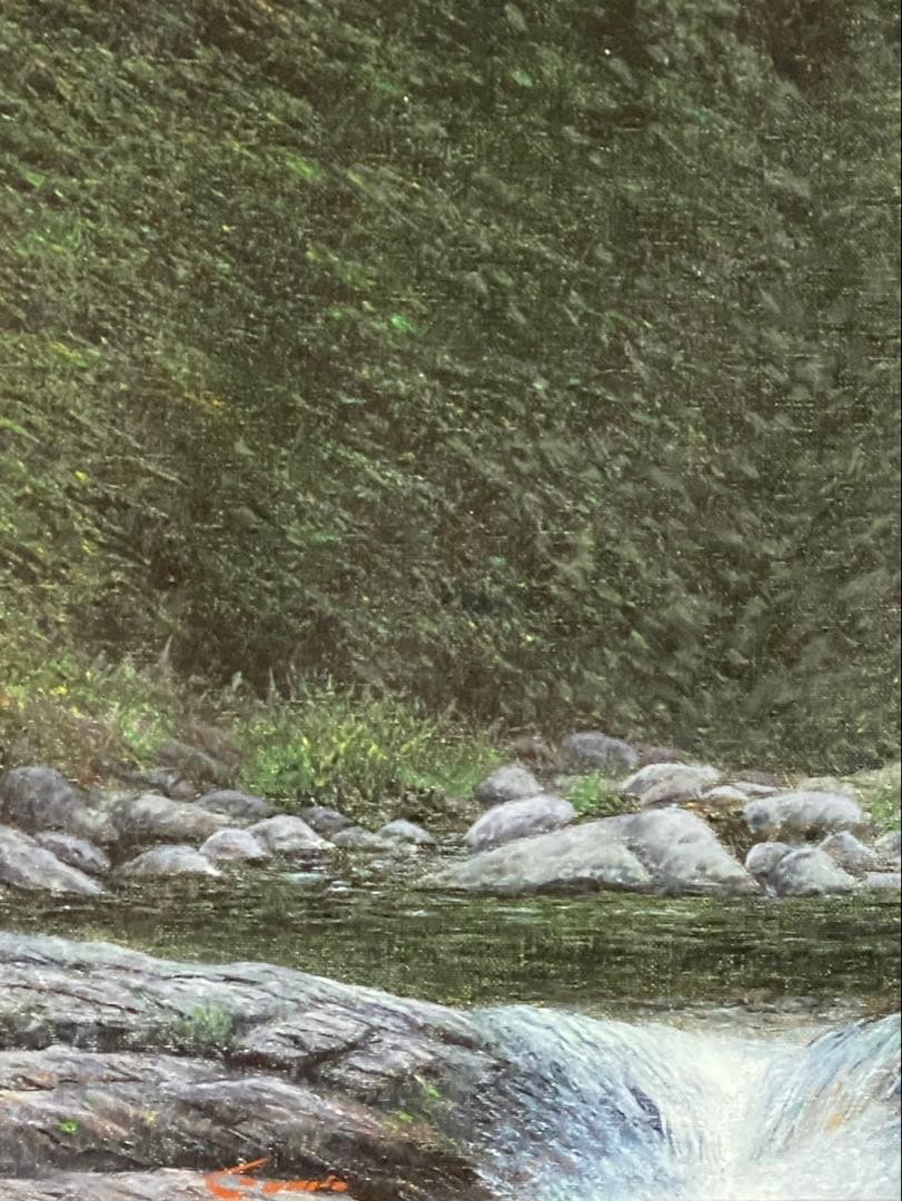 油彩画　板垣文雄　【笛吹川に沿って】　F6号　自然の風景 額縁　額装　山形県