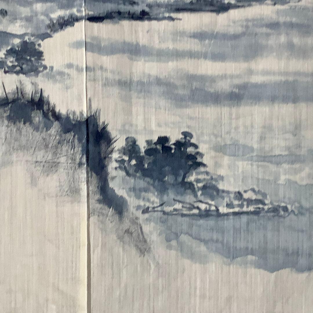 暖簾 本麻 藍墨『薩摩富士 開聞岳』水墨画家による肉筆 一点物