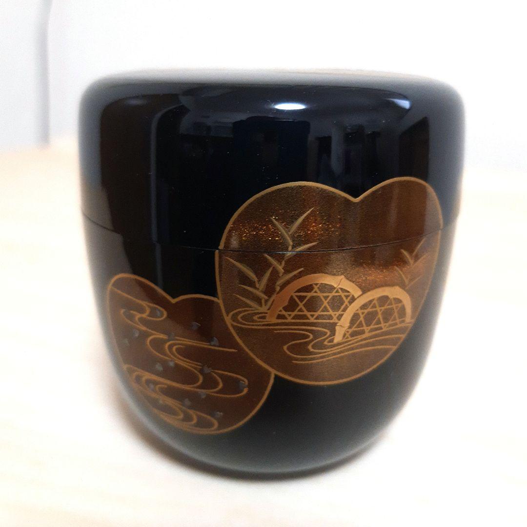 ◆大棗 ◆団扇蒔絵◆竹内幸斎作◆新品◆金箔、螺鈿装飾の黒漆棗 木箱付き