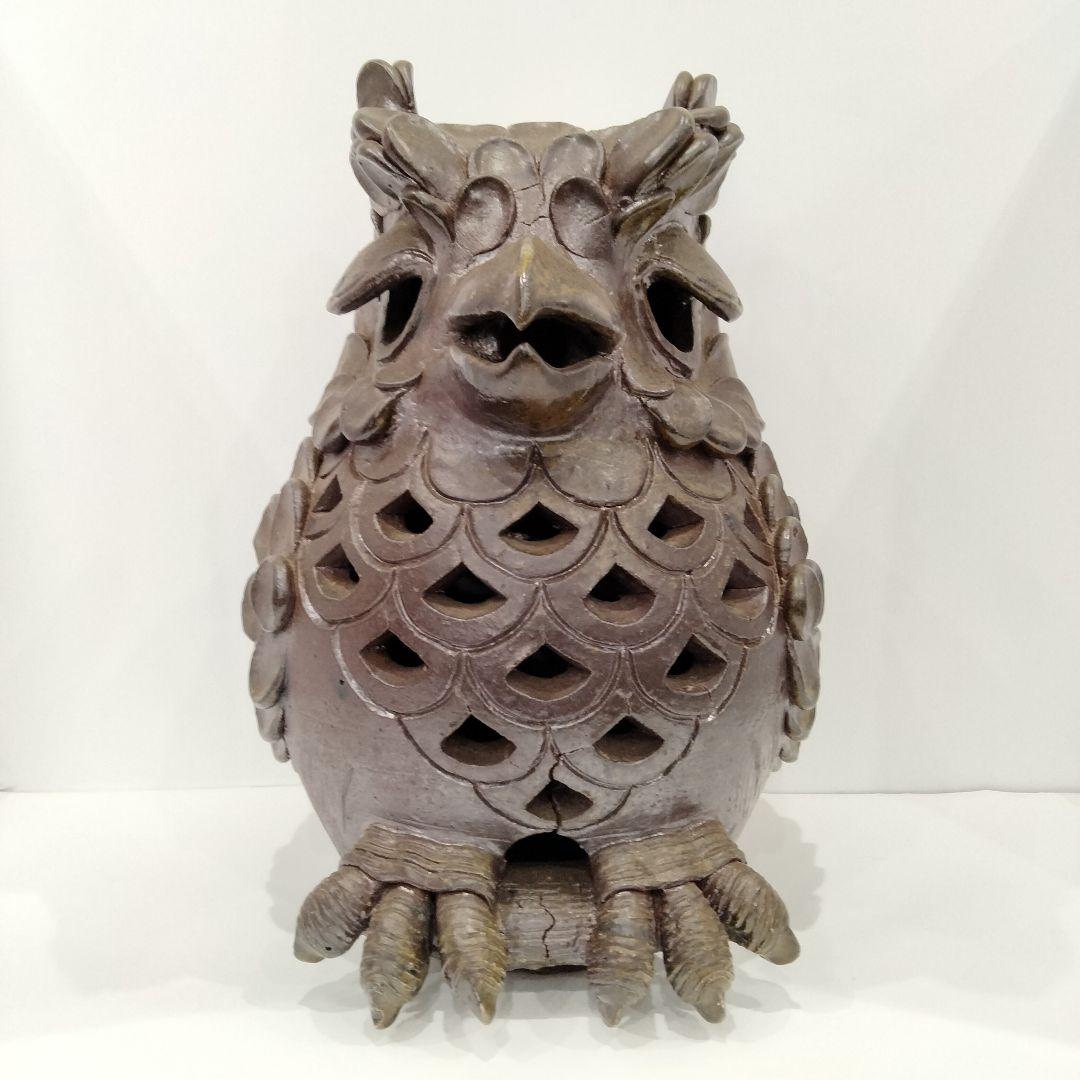 X119-1 備前焼 ミミズク 透かし細工 置物　BB