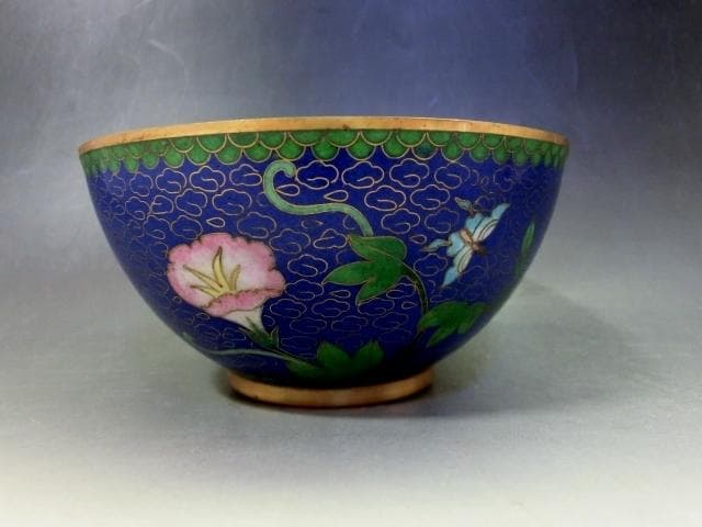 茶碗■銅胎有線七宝 藍地 七宝 朝顔 蝶紋 青 碗 ぐい呑み 古玩唐物 骨董品■