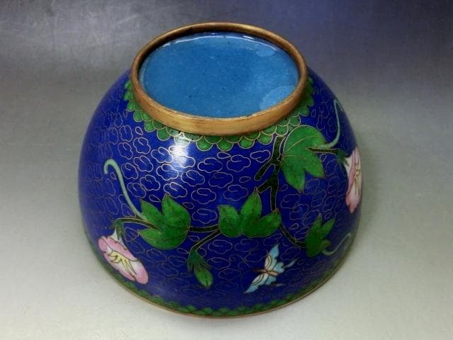 茶碗■銅胎有線七宝 藍地 七宝 朝顔 蝶紋 青 碗 ぐい呑み 古玩唐物 骨董品■
