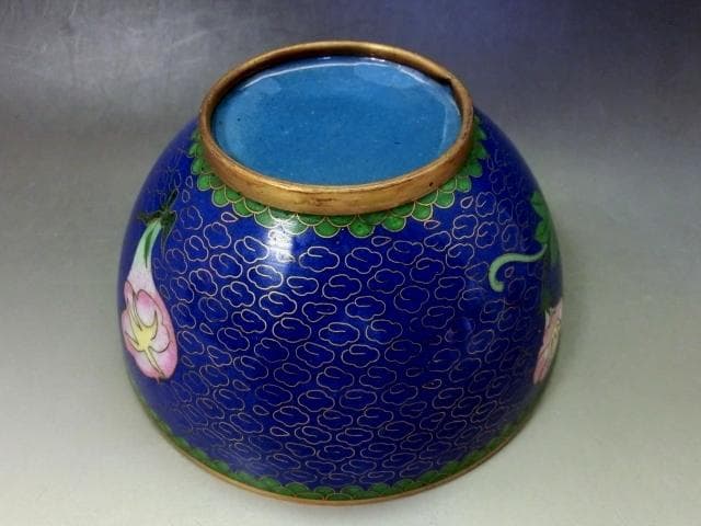 茶碗■銅胎有線七宝 藍地 七宝 朝顔 蝶紋 青 碗 ぐい呑み 古玩唐物 骨董品■