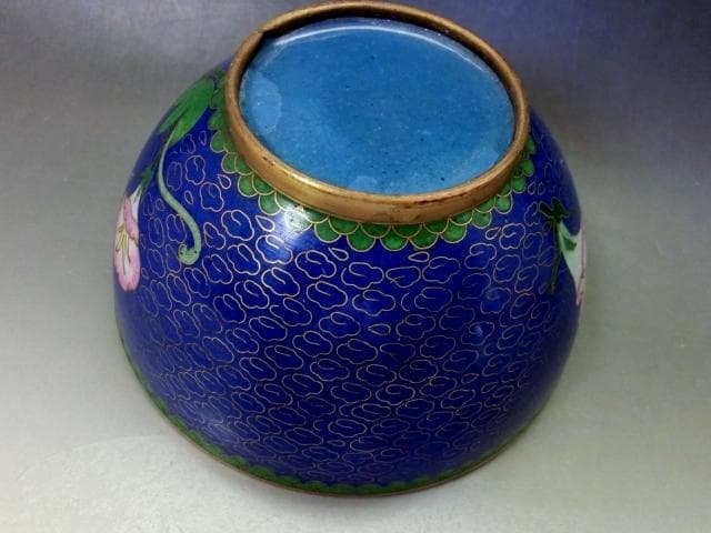 茶碗■銅胎有線七宝 藍地 七宝 朝顔 蝶紋 青 碗 ぐい呑み 古玩唐物 骨董品■
