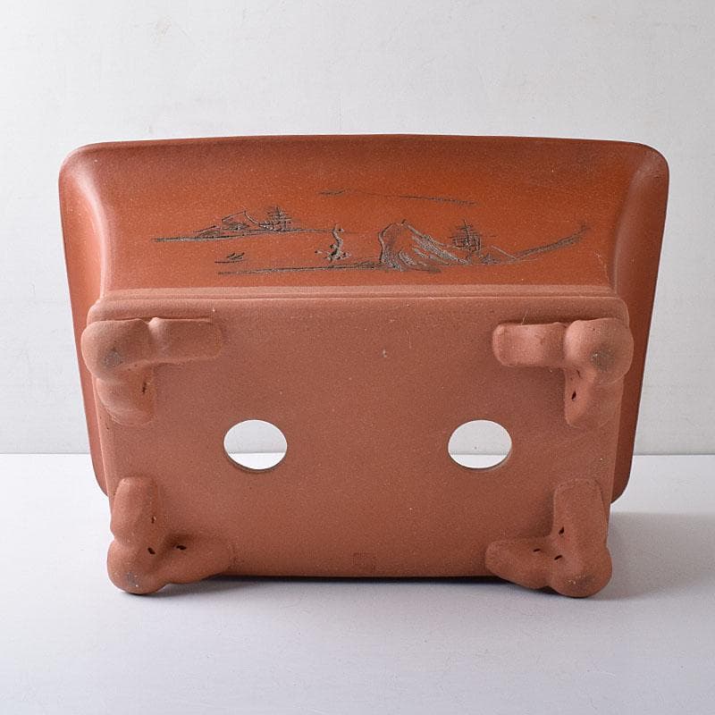 中国　紫砂　朱泥　漢詩山水刻　植木鉢　盆栽鉢　V　R8480H