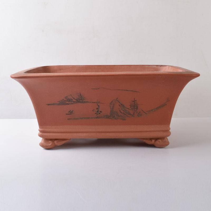 中国　紫砂　朱泥　漢詩山水刻　植木鉢　盆栽鉢　V　R8480H