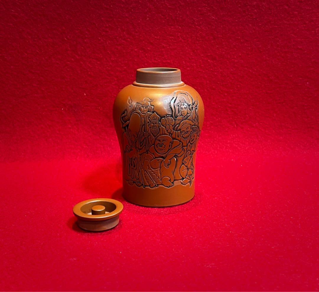 常滑焼 名工 梅原玉堂 朱泥 七福神茶入 茶道具