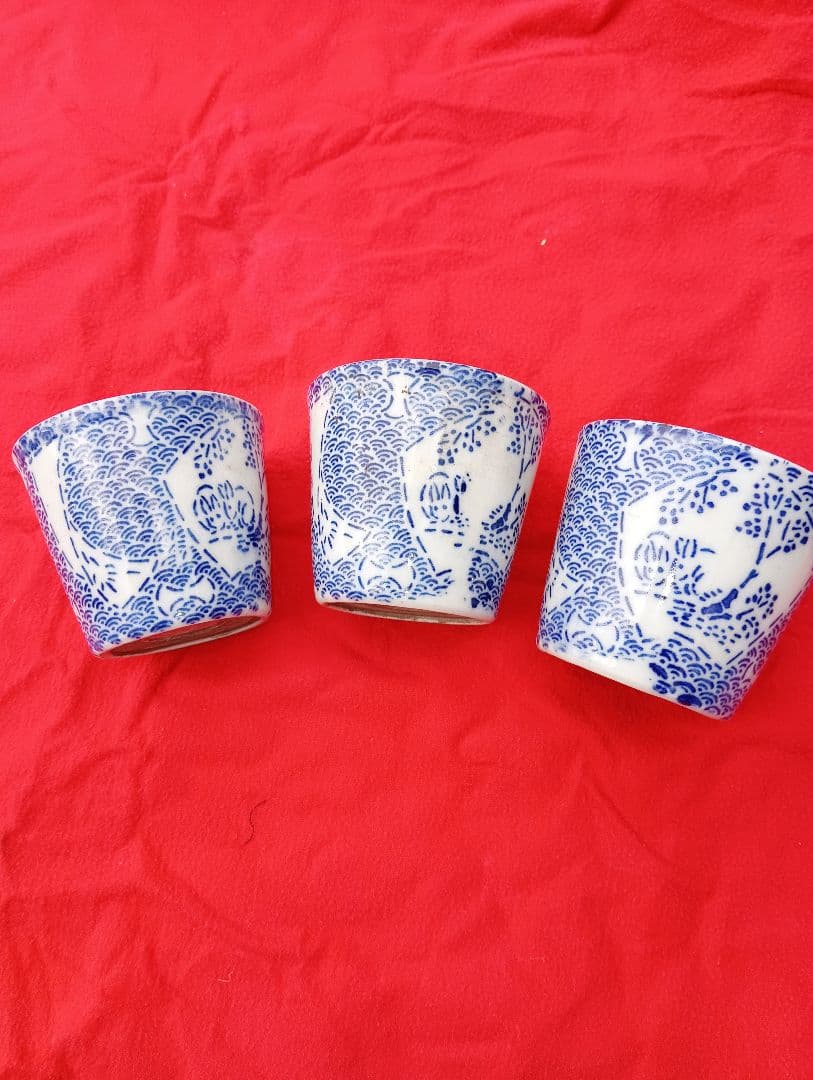 蕎麦猪口 長沼焼　3個　江戸　幕末　明治　印判　型紙刷　染め型紙　兎