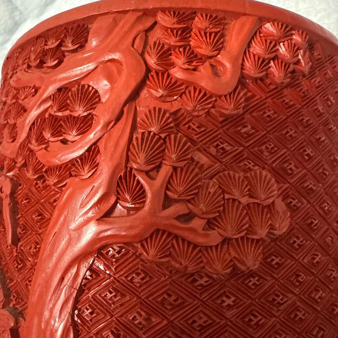 中国美術堆朱彫刻鶴図木製筆立本物保証古唐物／彫漆／堆朱／花紋／煎茶道具／書道具