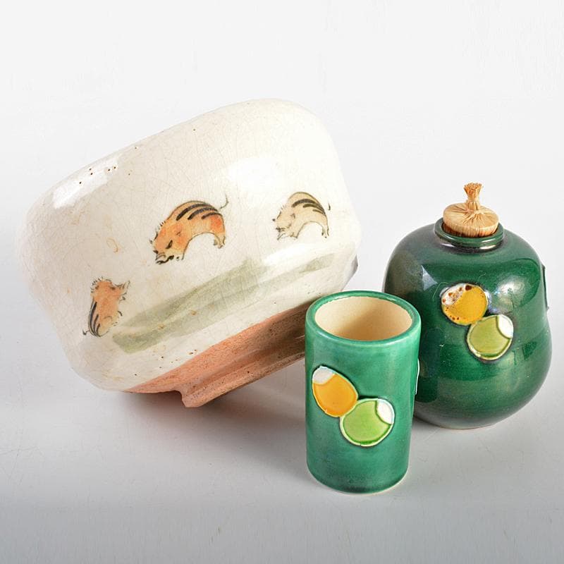 茶道具　利休茶箱　色絵猪文茶碗　振出など　六点　一式　M　R7071