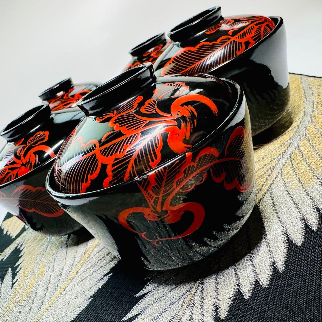 漆器　輪島塗　大根彫　細工　木製　蓋付椀　茶碗　吸物椀　5客