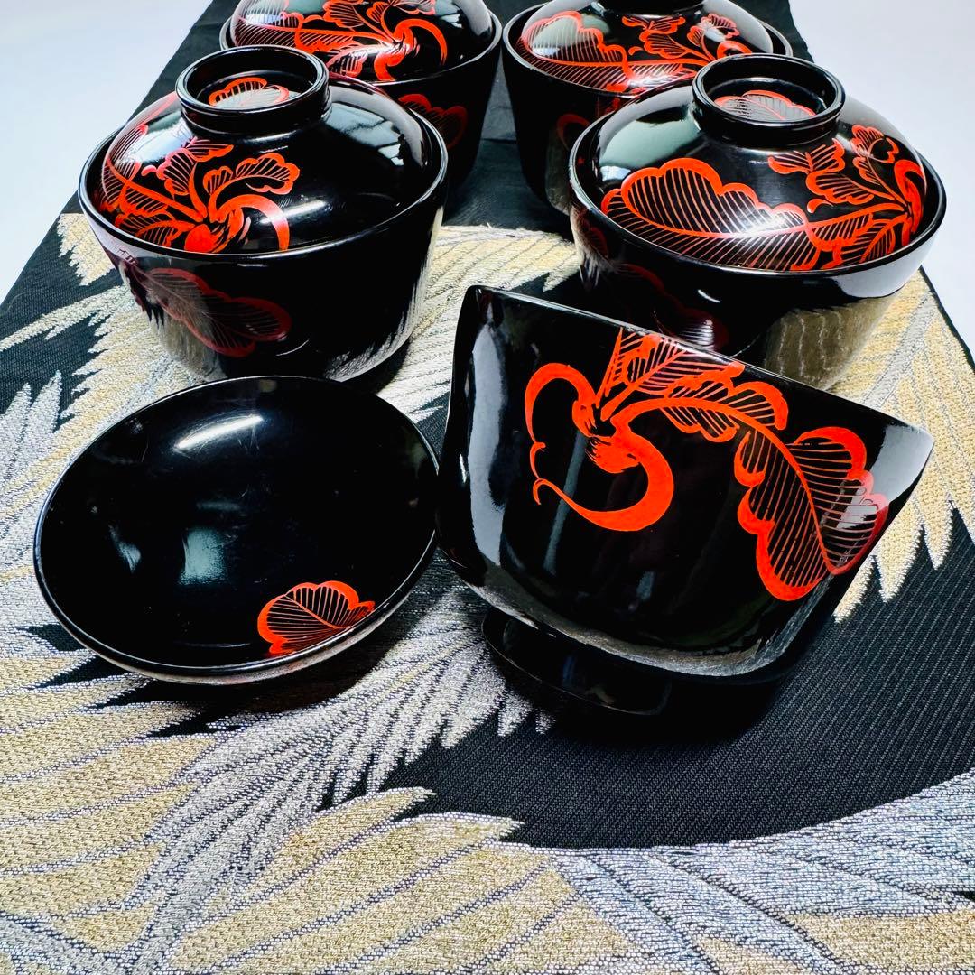 漆器　輪島塗　大根彫　細工　木製　蓋付椀　茶碗　吸物椀　5客