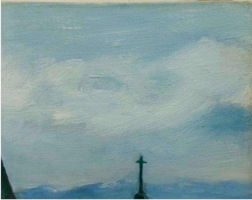 教会のある風景 油彩 F8 額装