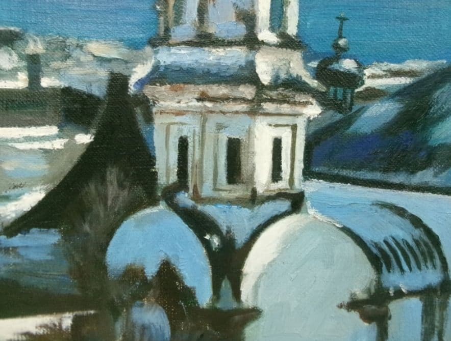 教会のある風景 油彩 F8 額装