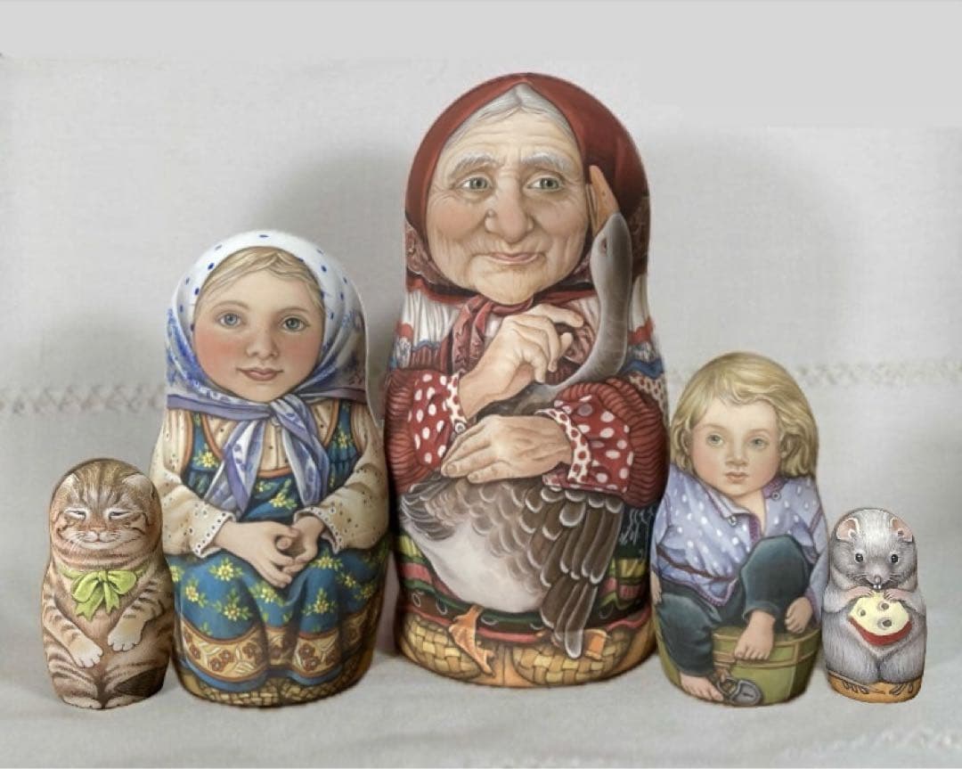 ロシア雑貨☆民話『ガチョウ白鳥』おとぎ話マトリョーシカ(5P)鵞鳥白鳥 リダ工房