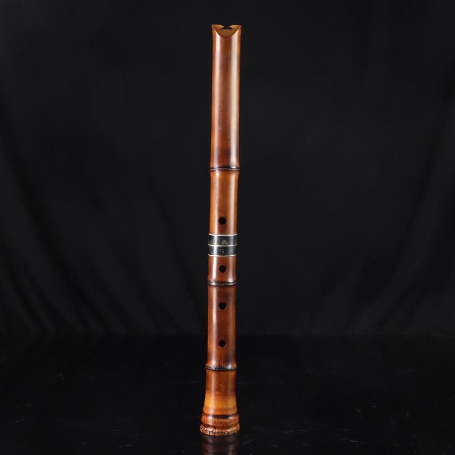 Y3273-4 琴古流 尺八 隆風銘 銀三線 螺鈿細工 全長54.5㎝ 竹製