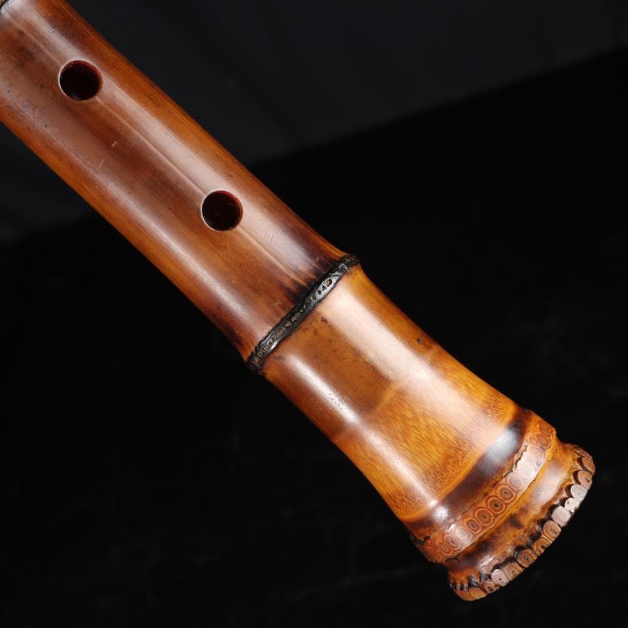 Y3273-4 琴古流 尺八 隆風銘 銀三線 螺鈿細工 全長54.5㎝ 竹製