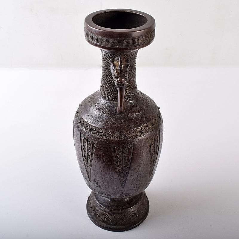 中国　大明宣徳年製　古銅宣徳銅　神獣双耳瓶　花入　時代箱付　F　R7894B