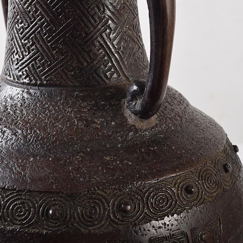 中国　大明宣徳年製　古銅宣徳銅　神獣双耳瓶　花入　時代箱付　F　R7894B