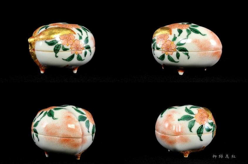 五代 三浦竹泉 色絵 桃 香合 共箱 茶道具