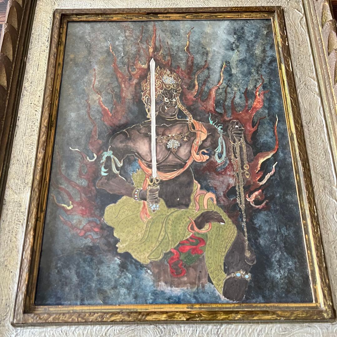 仏画 不動明王 額装 肉筆 彩色 古画 仏教美術 E