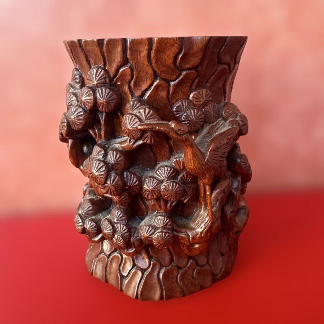 職人手作り製作 筆立て リグナムバイタ 紅木 松 鶴 ツル