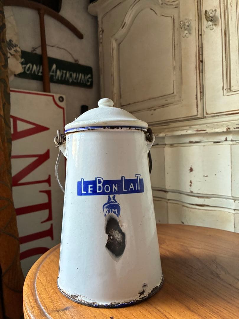 フランス　アンティーク ホーロー ミルク　ポット　キャリー 缶　Maggi青文字