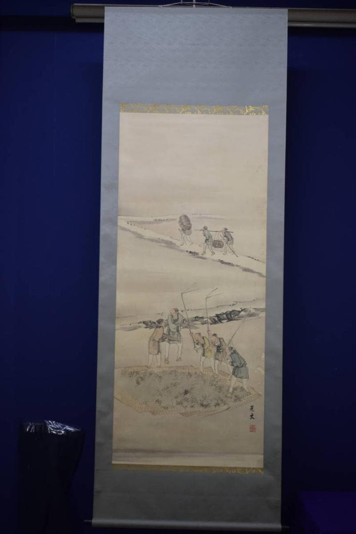 真作/景文/人物収穫図/農耕図/布袋屋掛軸HI-53