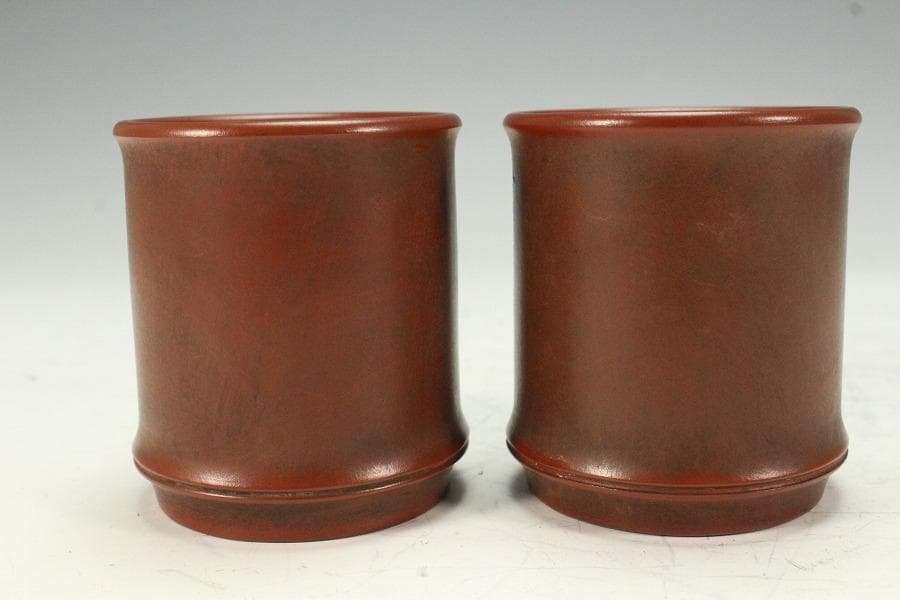 中国美術 朱泥 刻題詞 筒碗 一対 在印 時代物(K-YC527)